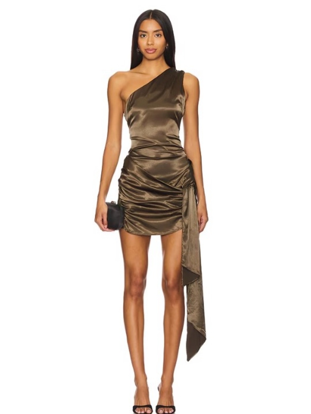 One-Shoulder Satin Dress in Copper Brown Ombré with Versatile 8ft Sash Train